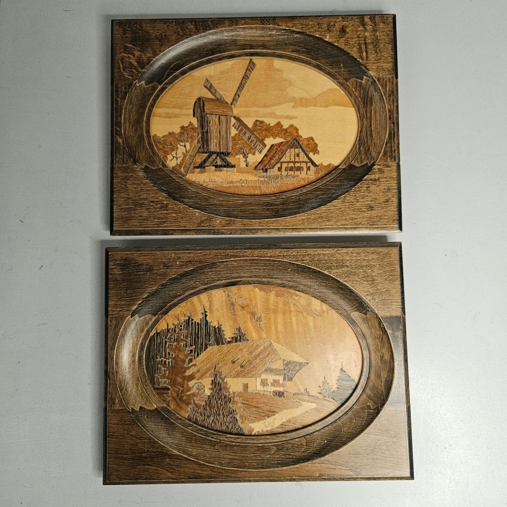 Vtg Karl Heinisch Wood Inlay Art Pair West Germany Marquetry Windmill Chalet 70s